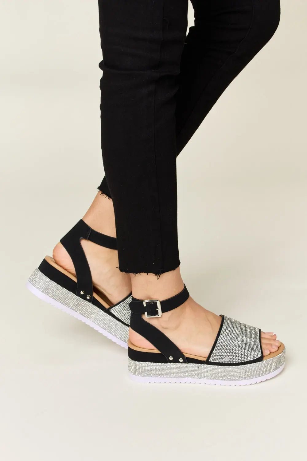 Rhinestone Buckle Strappy Wedge Sandals - GlossiChic CollectionShoes & Accessories