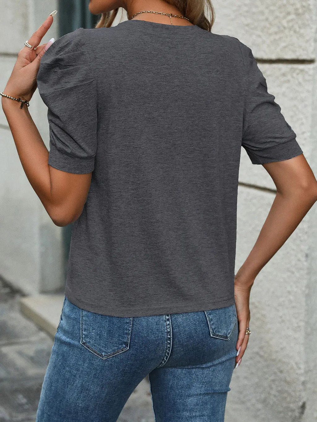 Round Neck Puff Sleeve T-Shirt - GlossiChic CollectionShirts & Tops