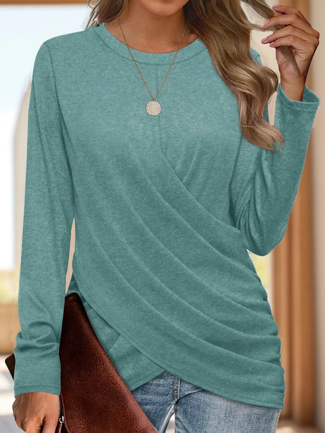 Ruched Round Neck Long Sleeve T-Shirt - GlossiChic Collection Turquoise / S GlossiChic Collection Shirts & Tops