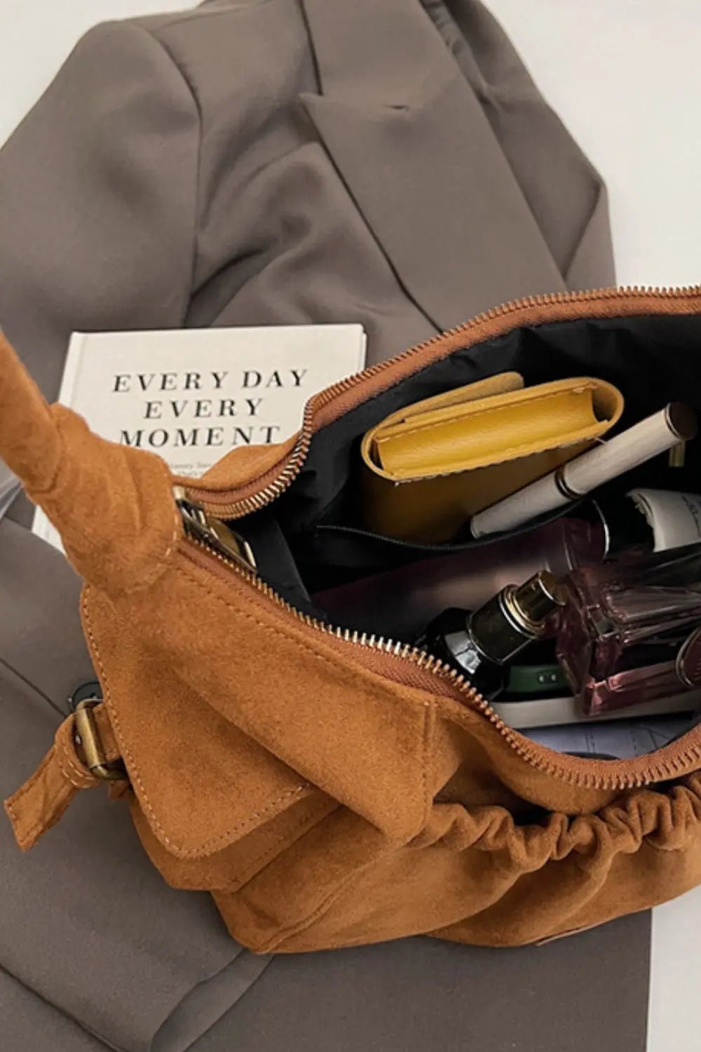 Ruched Suede Handbag with Zipper - GlossiChic Collection Caramel / One Size GlossiChic Collection handbags