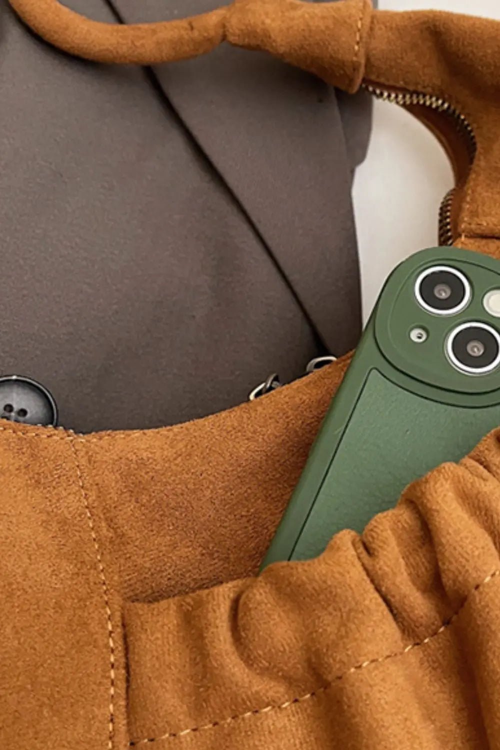 Ruched Suede Handbag with Zipper - GlossiChic Collection Caramel / One Size GlossiChic Collection handbags