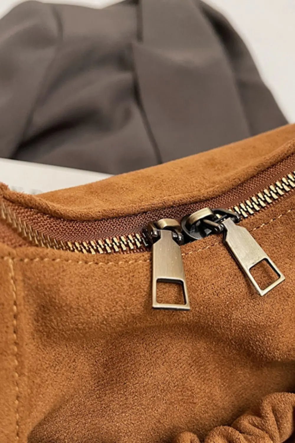 Ruched Suede Handbag with Zipper - GlossiChic Collection Caramel / One Size GlossiChic Collection handbags