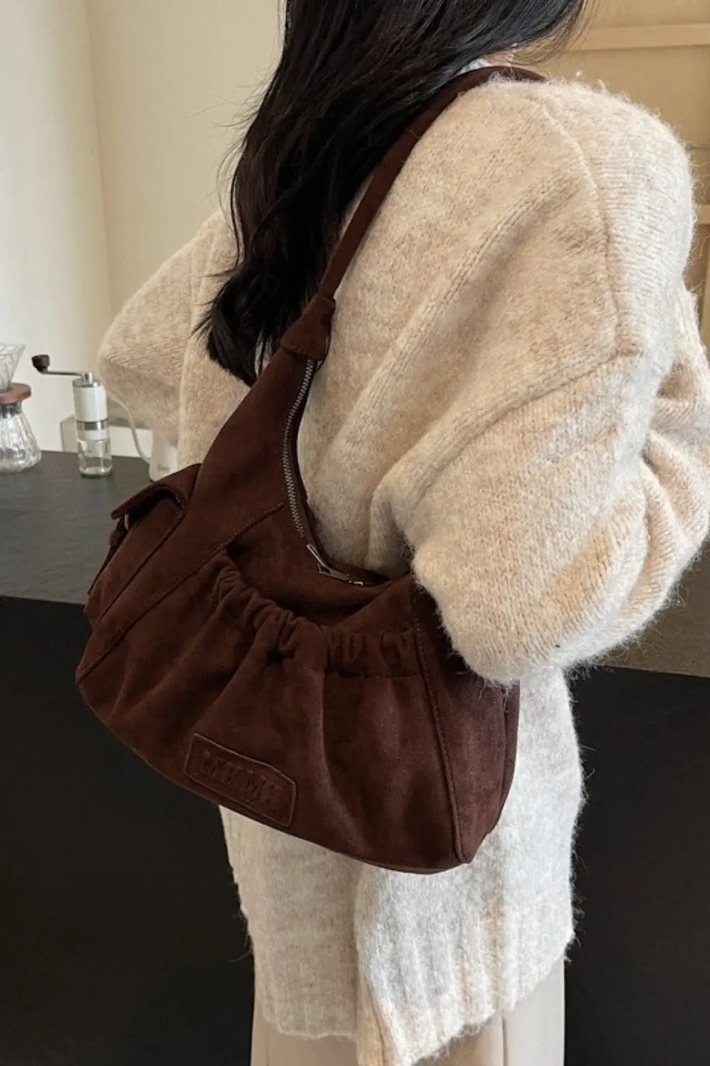 Ruched Suede Handbag with Zipper - GlossiChic Collection Caramel / One Size GlossiChic Collection handbags