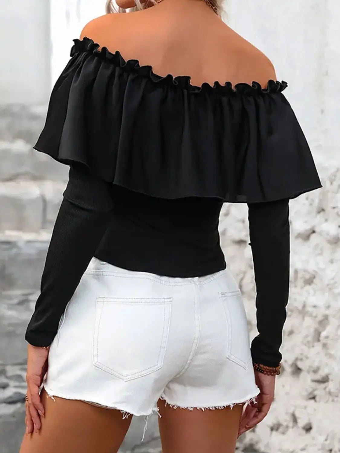 Ruffled Off-Shoulder Long Sleeve Blouse - GlossiChic Collection Black / S GlossiChic Collection Shirts & Tops
