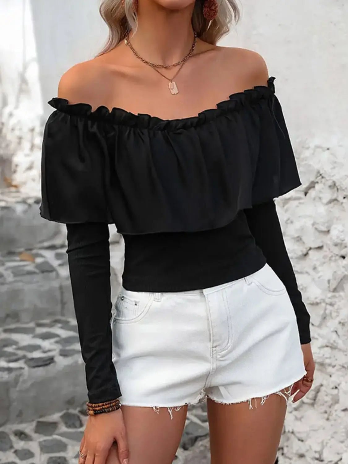 Ruffled Off-Shoulder Long Sleeve Blouse - GlossiChic Collection Black / S GlossiChic Collection Shirts & Tops