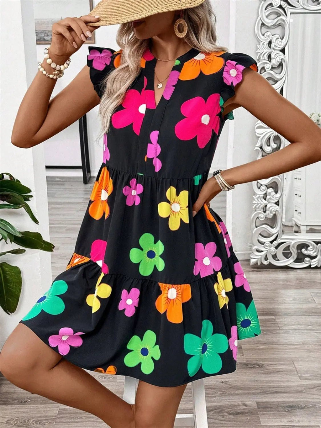 Ruffled Printed Notched Cap Sleeve Dress - GlossiChic CollectionDresses