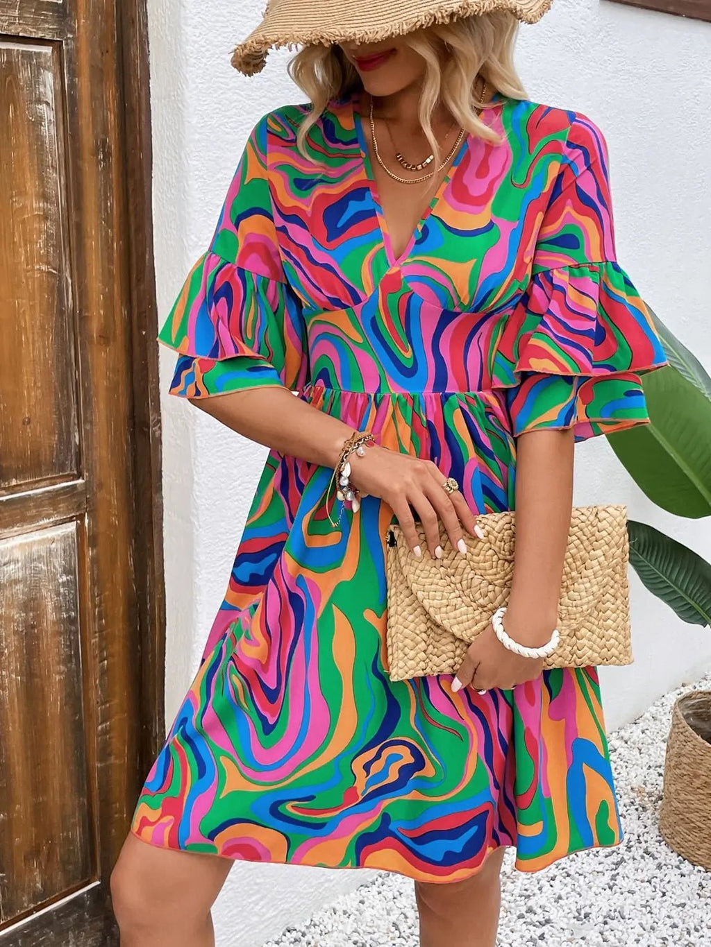 Ruffled Printed V - Neck Half Sleeve Mini Dress - GlossiChic CollectionDresses