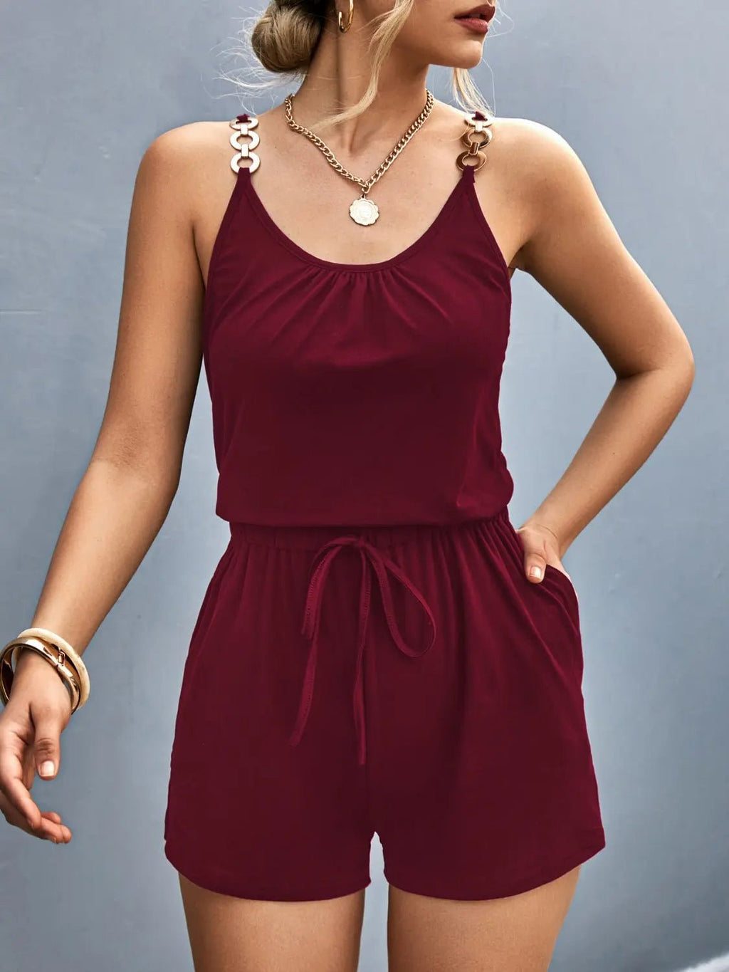 Scoop Neck Romper with Pockets - GlossiChic Collection Burgundy / S GlossiChic Collection Jumpers & Rompers