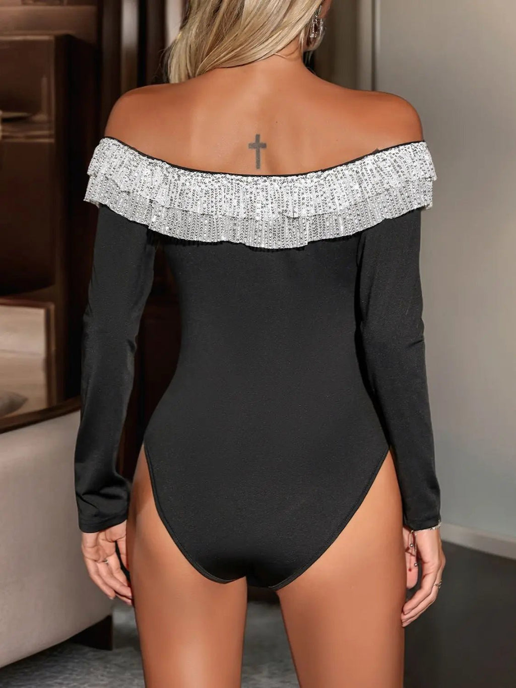 Sequin Ruffled Off-Shoulder Long Sleeve Bodysuit - GlossiChic Collection Black / S GlossiChic Collection Bodysuits