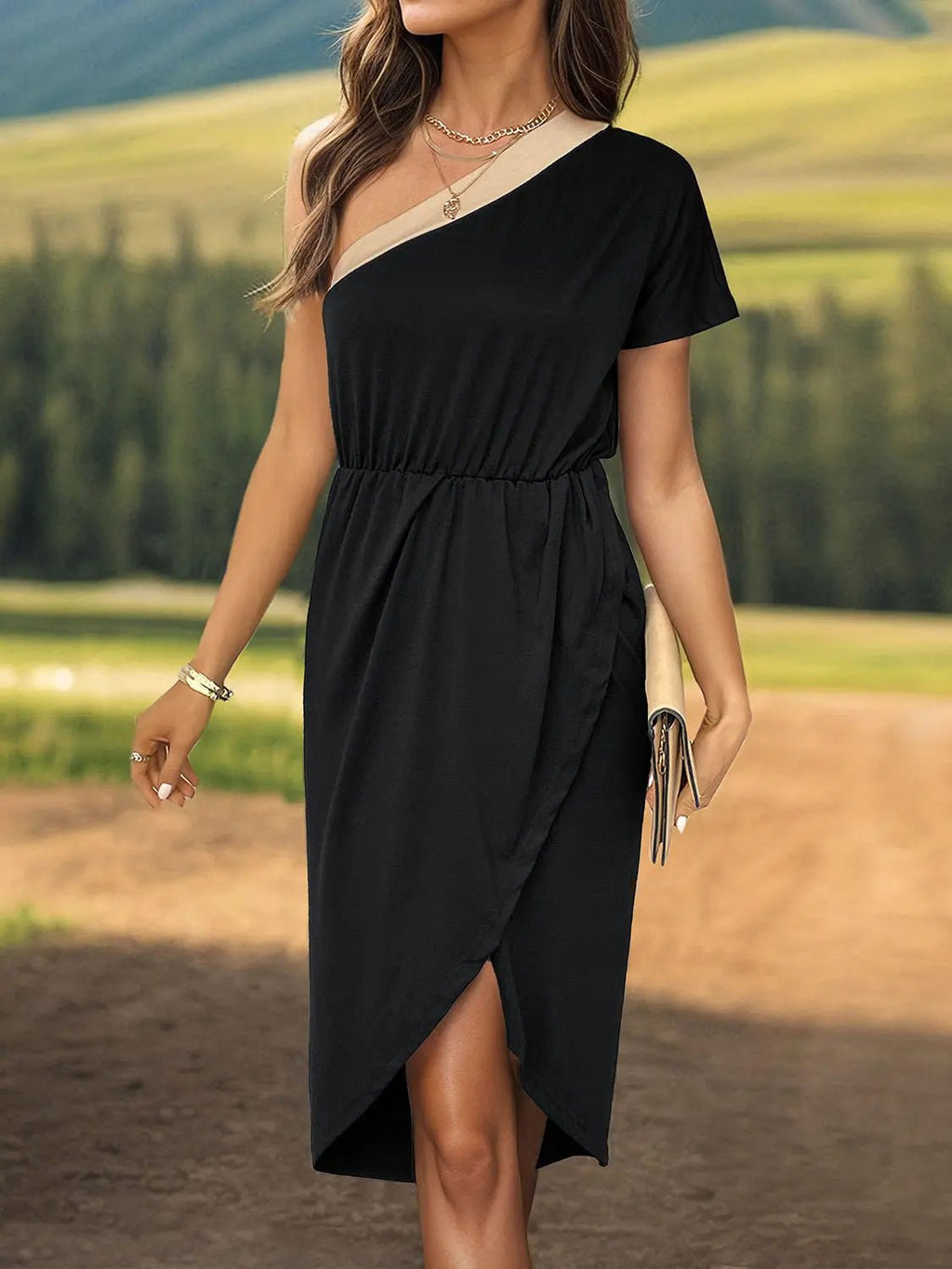 Slit Single Shoulder Short Sleeve Midi Dress - GlossiChic CollectionDresses