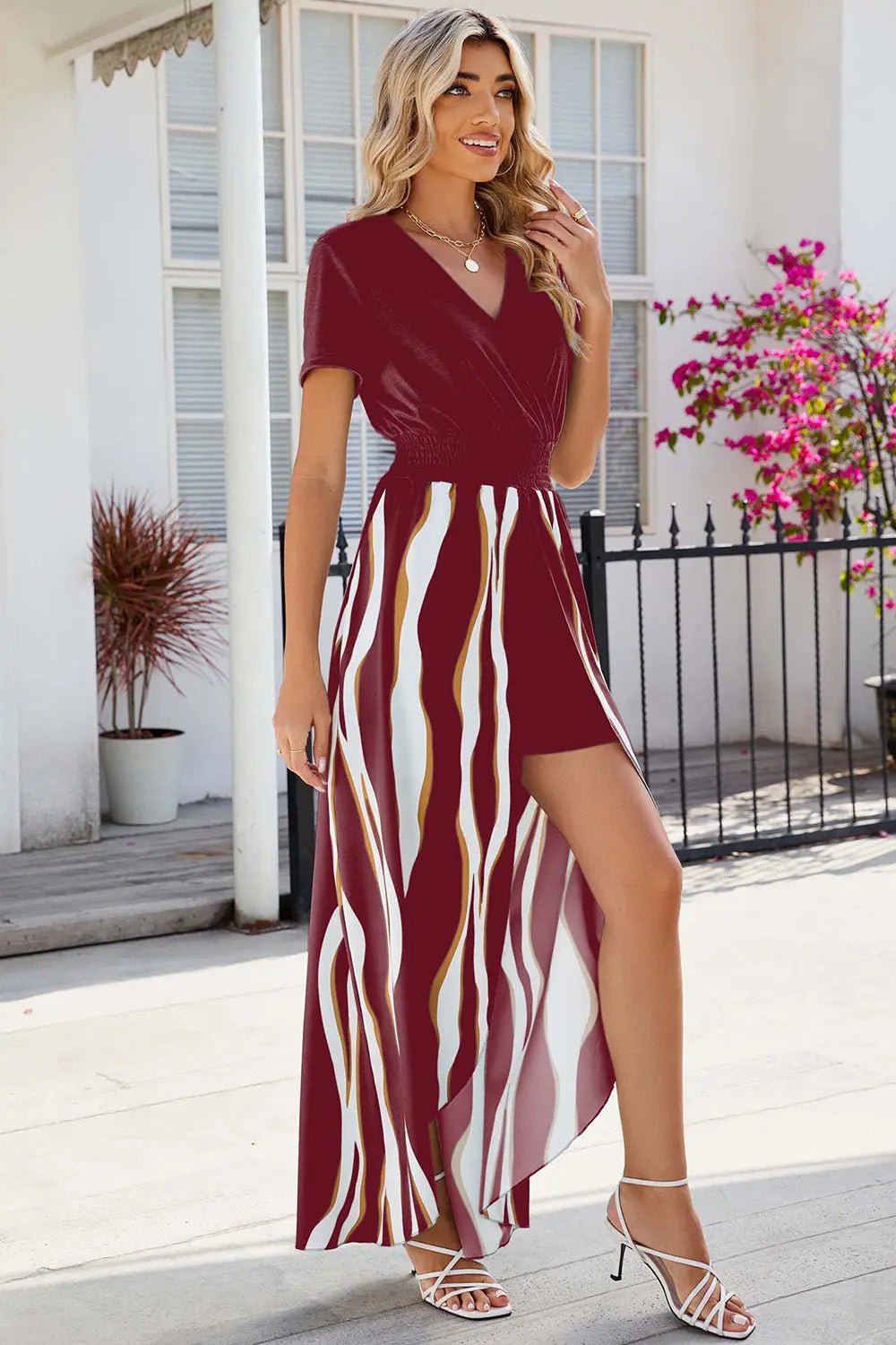 Smocked High - Low Printed Surplice Dress - GlossiChic CollectionDresses