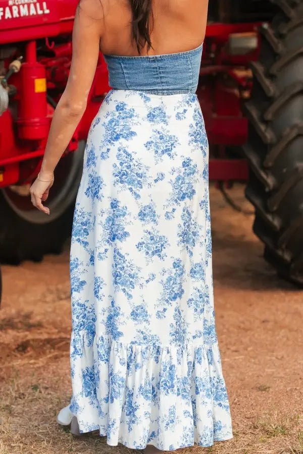 Split Asymmetrical Ruffled Printed Skirt - GlossiChic Collection Light Blue / S GlossiChic Collection Dresses