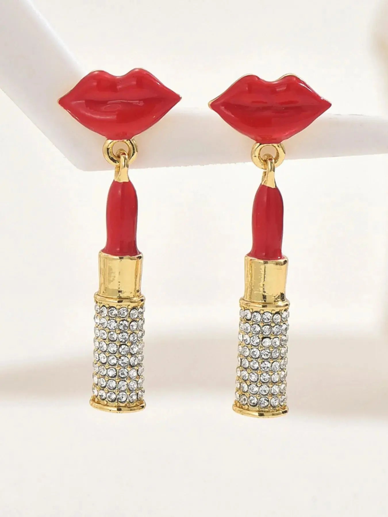 Stainless Steel Resin Lips Lipstick Rhinestone Earrings - GlossiChic Collection Gold / One Size GlossiChic Collection jewelry