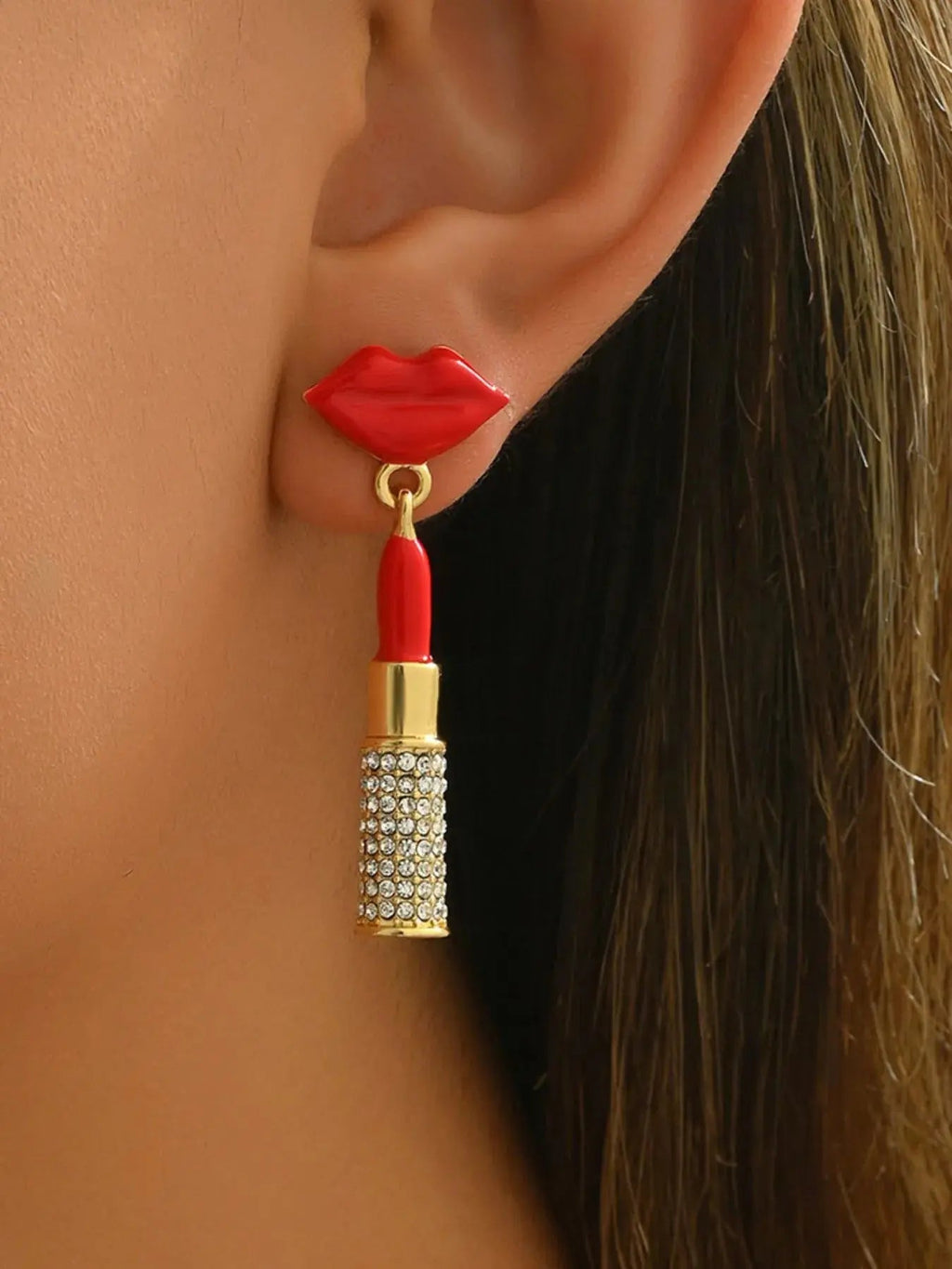 Stainless Steel Resin Lips Lipstick Rhinestone Earrings - GlossiChic Collection Gold / One Size GlossiChic Collection jewelry