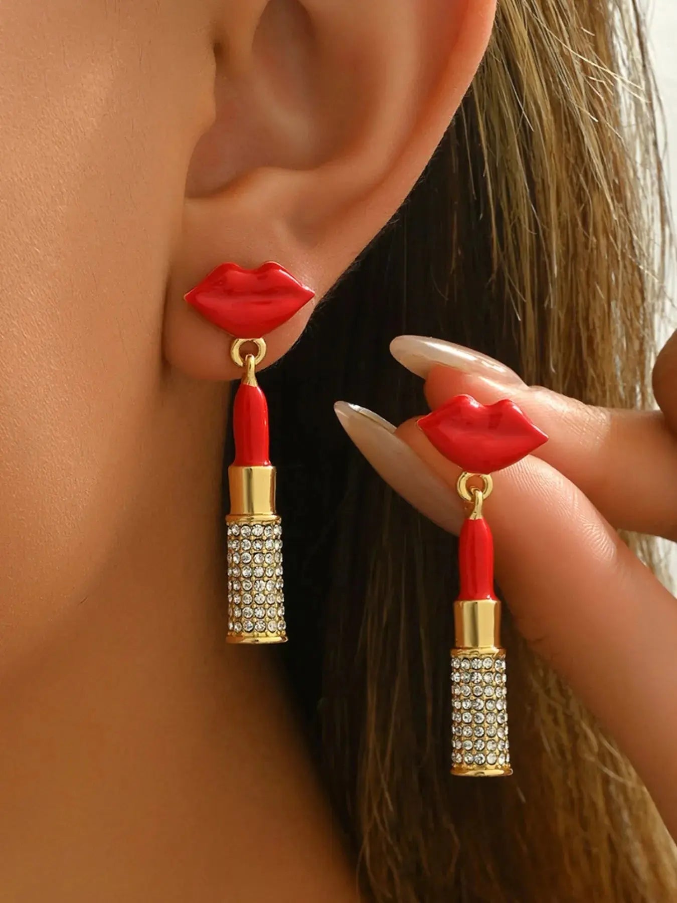 Stainless Steel Resin Lips Lipstick Rhinestone Earrings - GlossiChic Collection Gold / One Size GlossiChic Collection jewelry