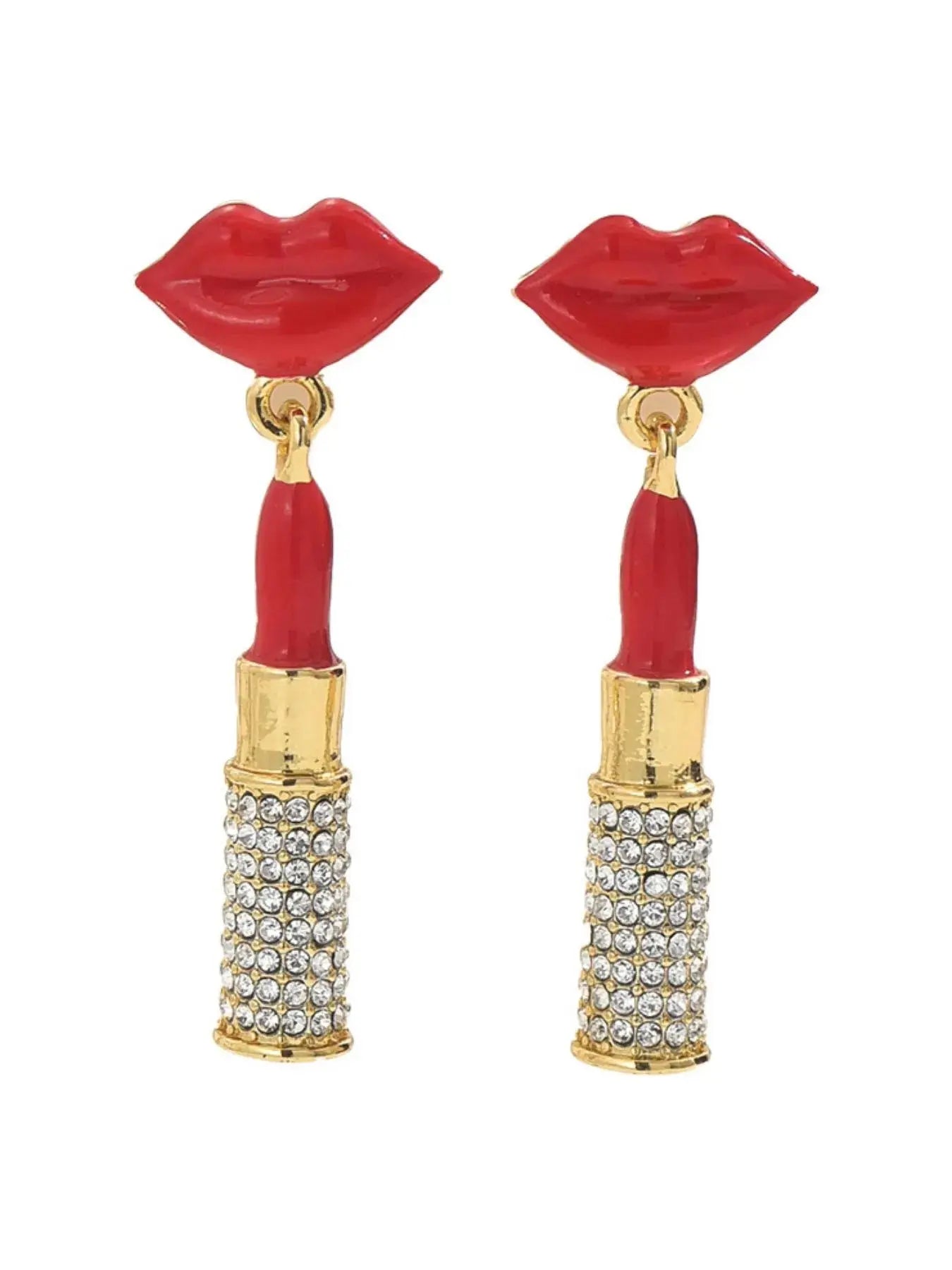Stainless Steel Resin Lips Lipstick Rhinestone Earrings - GlossiChic Collection Gold / One Size GlossiChic Collection jewelry