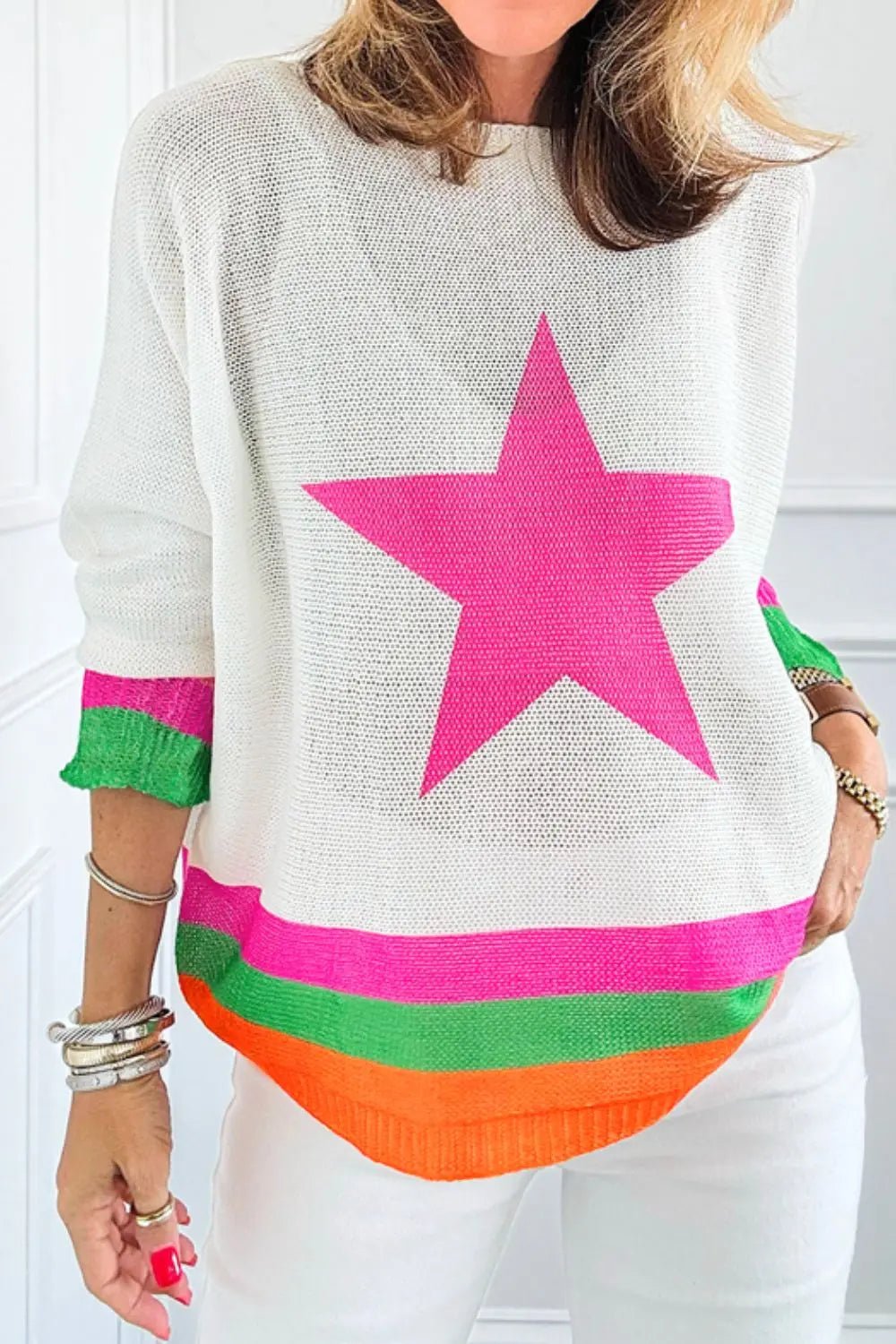 Star Contrast Round Neck Long Sleeve Knit Top - GlossiChic Collection White / S GlossiChic Collection Shirts & Tops