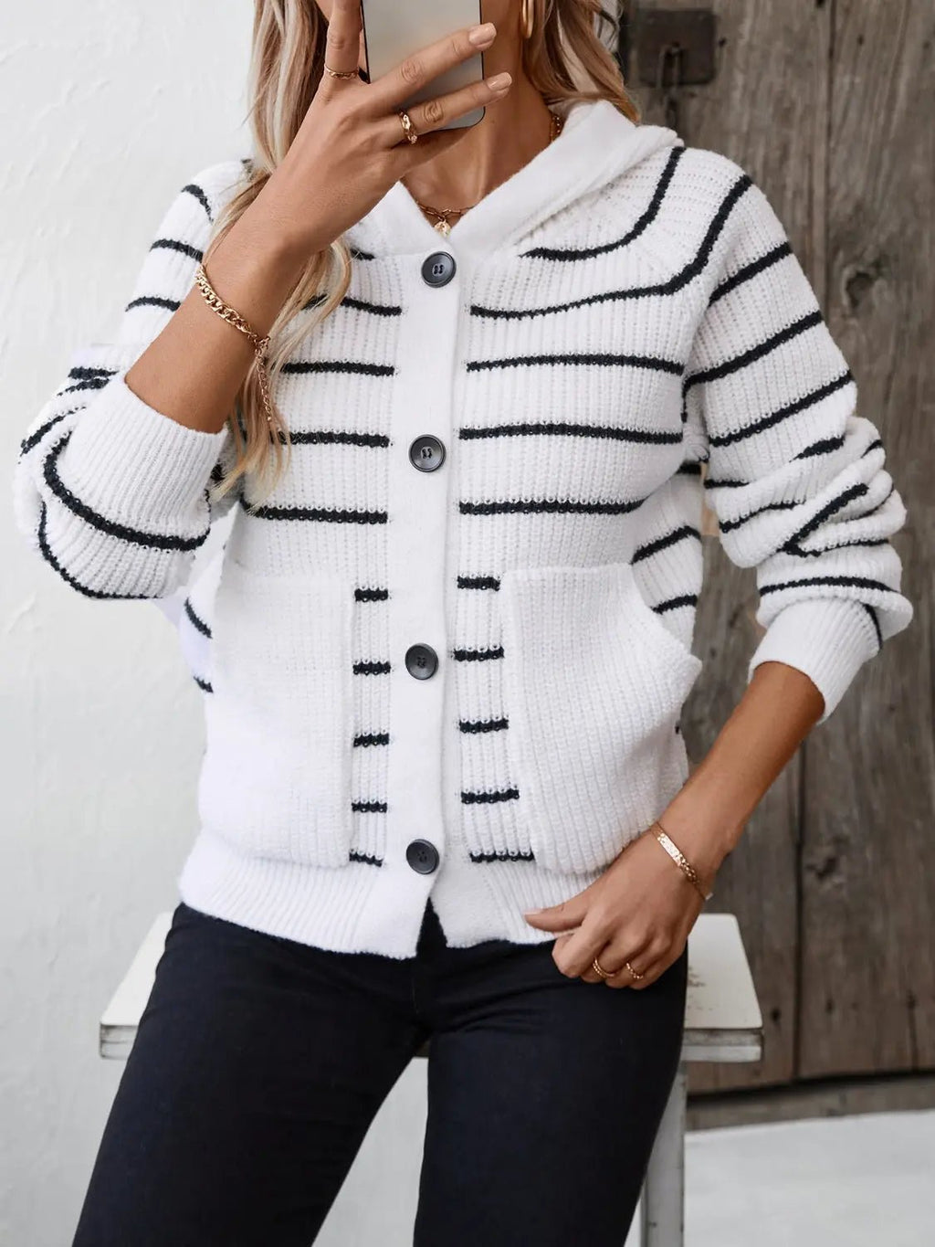 Striped Button Up Long Sleeve Hooded Cardigan - GlossiChic Collection White / S GlossiChic Collection Blazer & Cardigan