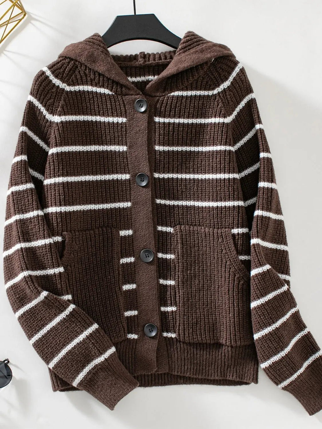 Striped Button Up Long Sleeve Hooded Cardigan - GlossiChic Collection Chocolate / S GlossiChic Collection Blazer & Cardigan