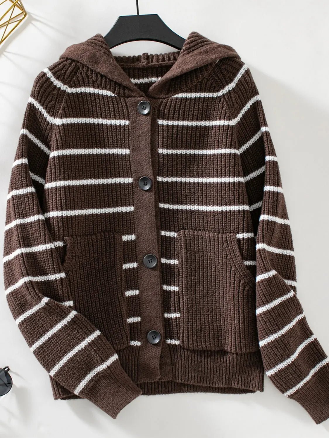Striped Button Up Long Sleeve Hooded Cardigan - GlossiChic Collection Chocolate / S GlossiChic Collection Blazer & Cardigan