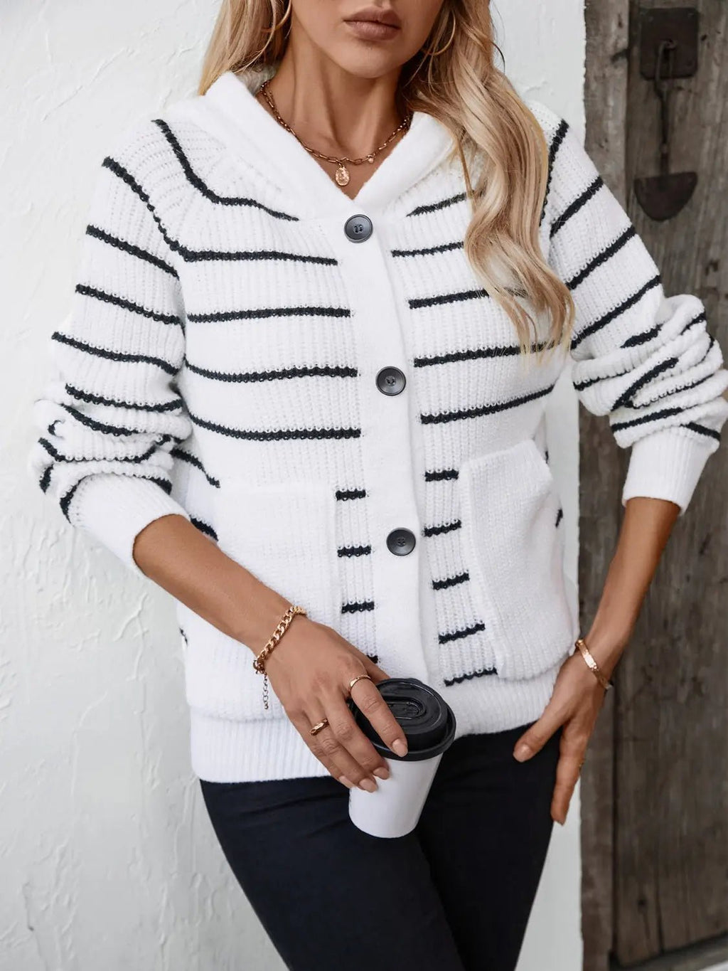 Striped Button Up Long Sleeve Hooded Cardigan - GlossiChic Collection White / S GlossiChic Collection Blazer & Cardigan