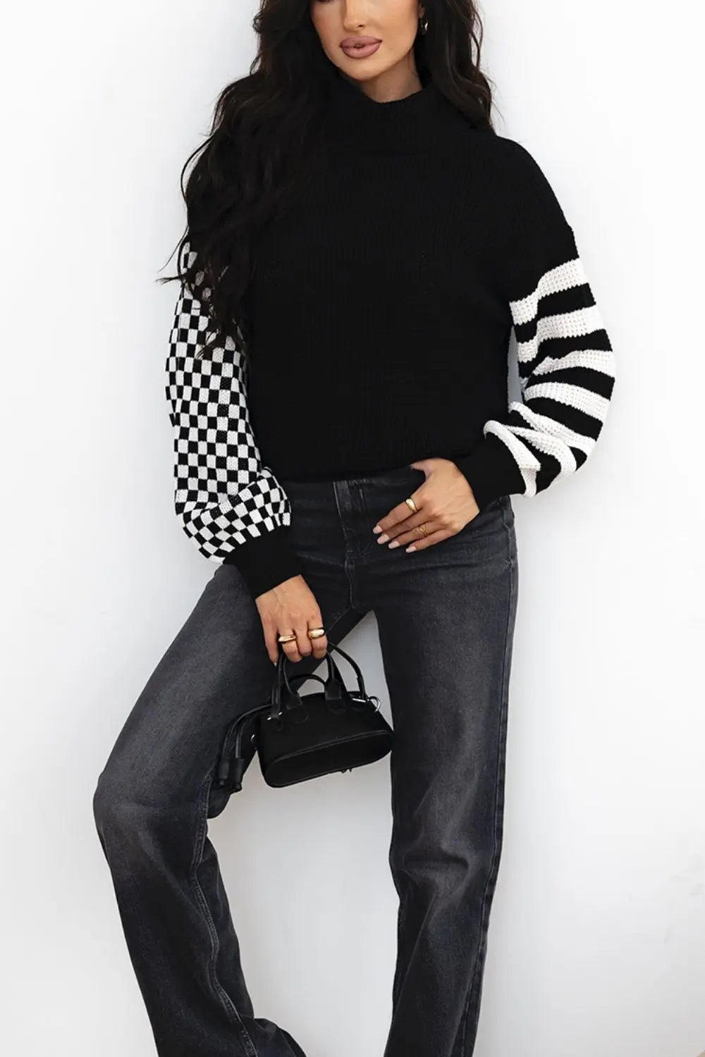 Striped & Checkered Turtleneck Dropped Shoulder Sweater - GlossiChic CollectionSweaters