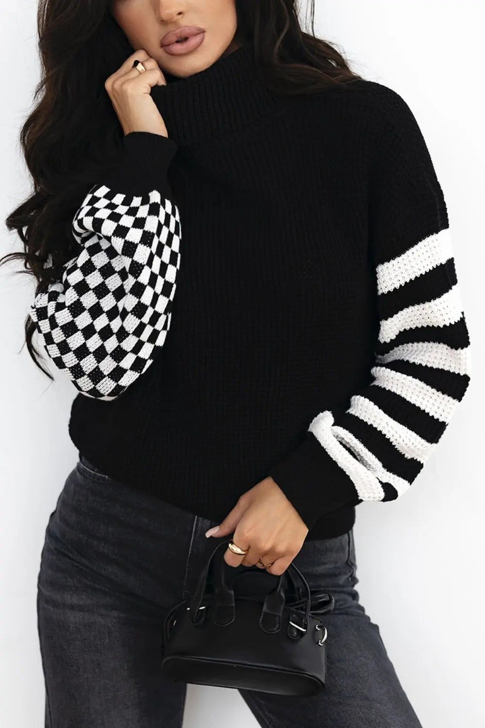 Striped & Checkered Turtleneck Dropped Shoulder Sweater - GlossiChic CollectionSweaters