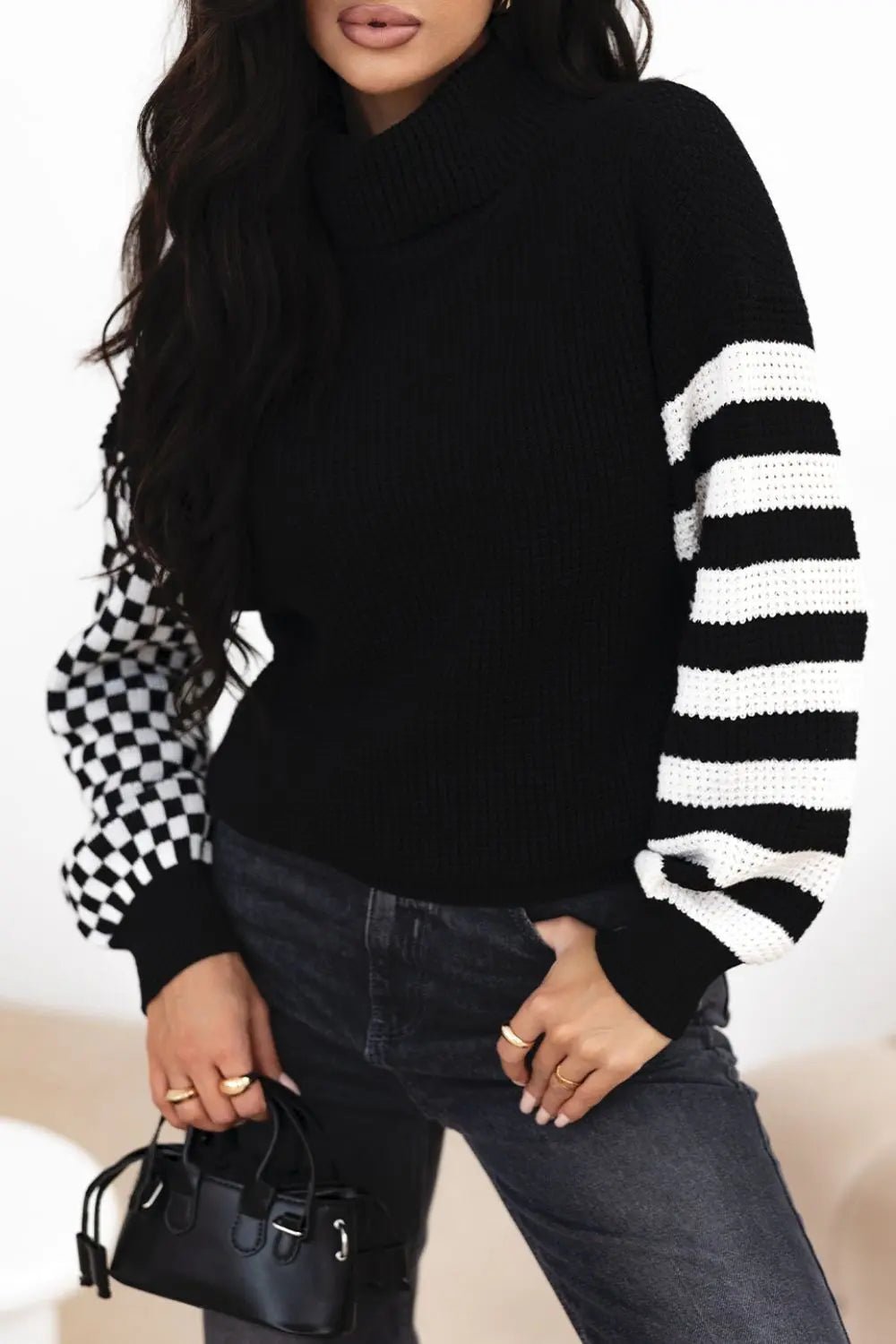 Striped & Checkered Turtleneck Dropped Shoulder Sweater - GlossiChic CollectionSweaters