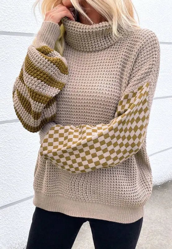 Striped & Checkered Turtleneck Dropped Shoulder Sweater - GlossiChic CollectionSweaters