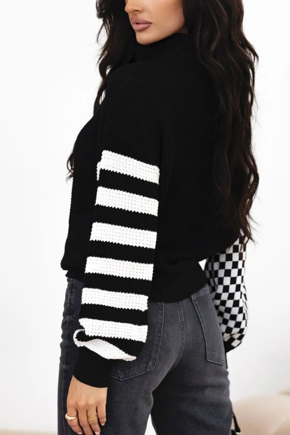 Striped & Checkered Turtleneck Dropped Shoulder Sweater - GlossiChic CollectionSweaters