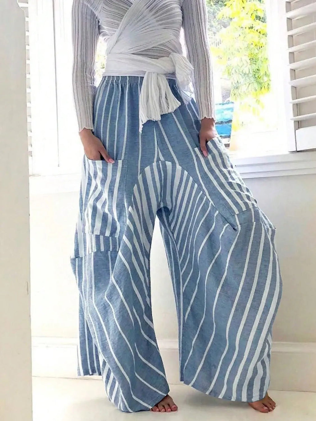 Striped Elastic Waist Wide Leg Pants - GlossiChic Collection Light Blue / S GlossiChic Collection Jeans, Pants, & Shorts