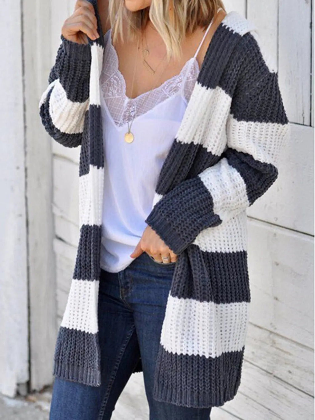 Striped Open Front Hooded Cardigan - GlossiChic Collection White / S GlossiChic Collection Blazer & Cardigan