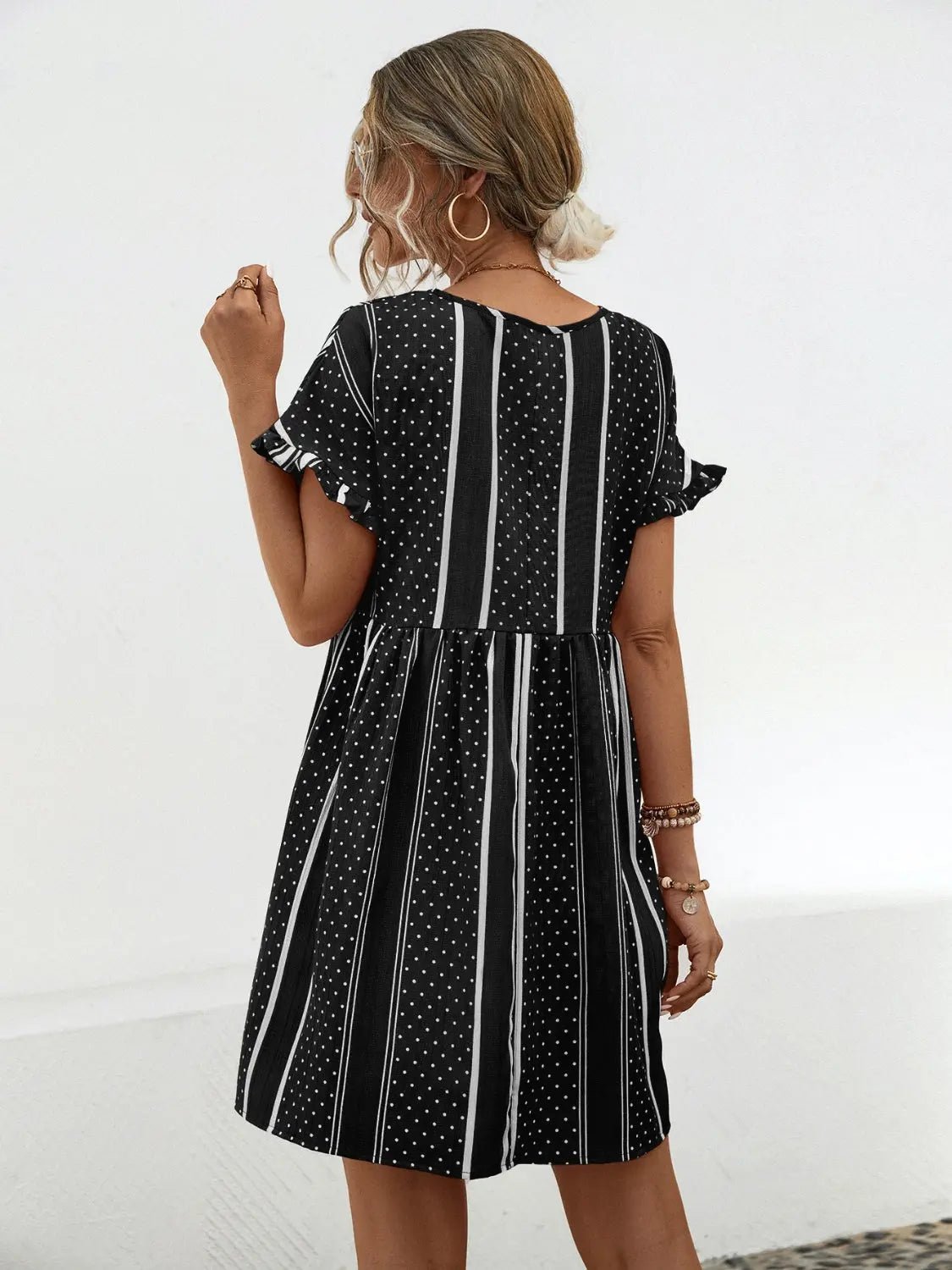 Striped Polka Dot Frill Short Sleeve Mini Dress - GlossiChic CollectionDresses