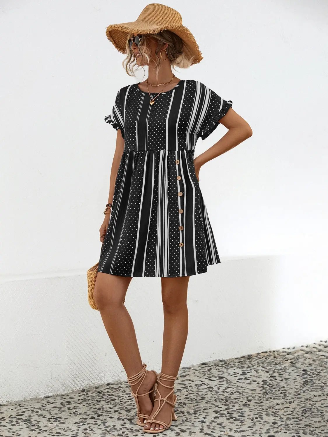 Striped Polka Dot Frill Short Sleeve Mini Dress - GlossiChic CollectionDresses