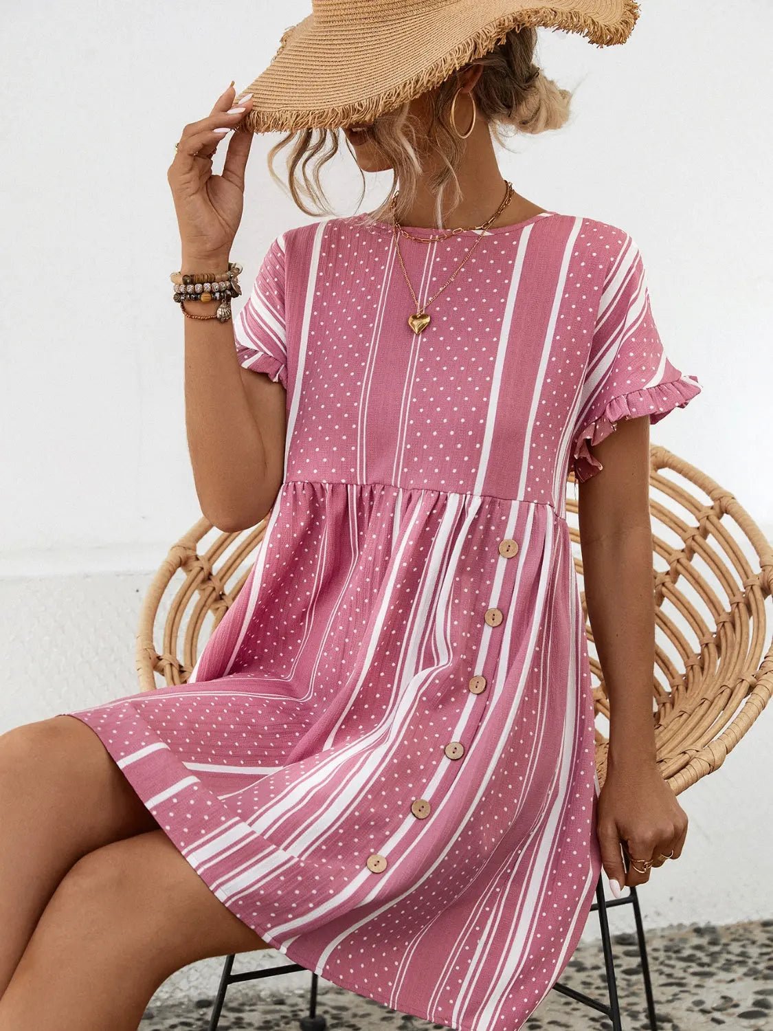 Striped Polka Dot Frill Short Sleeve Mini Dress - GlossiChic CollectionDresses