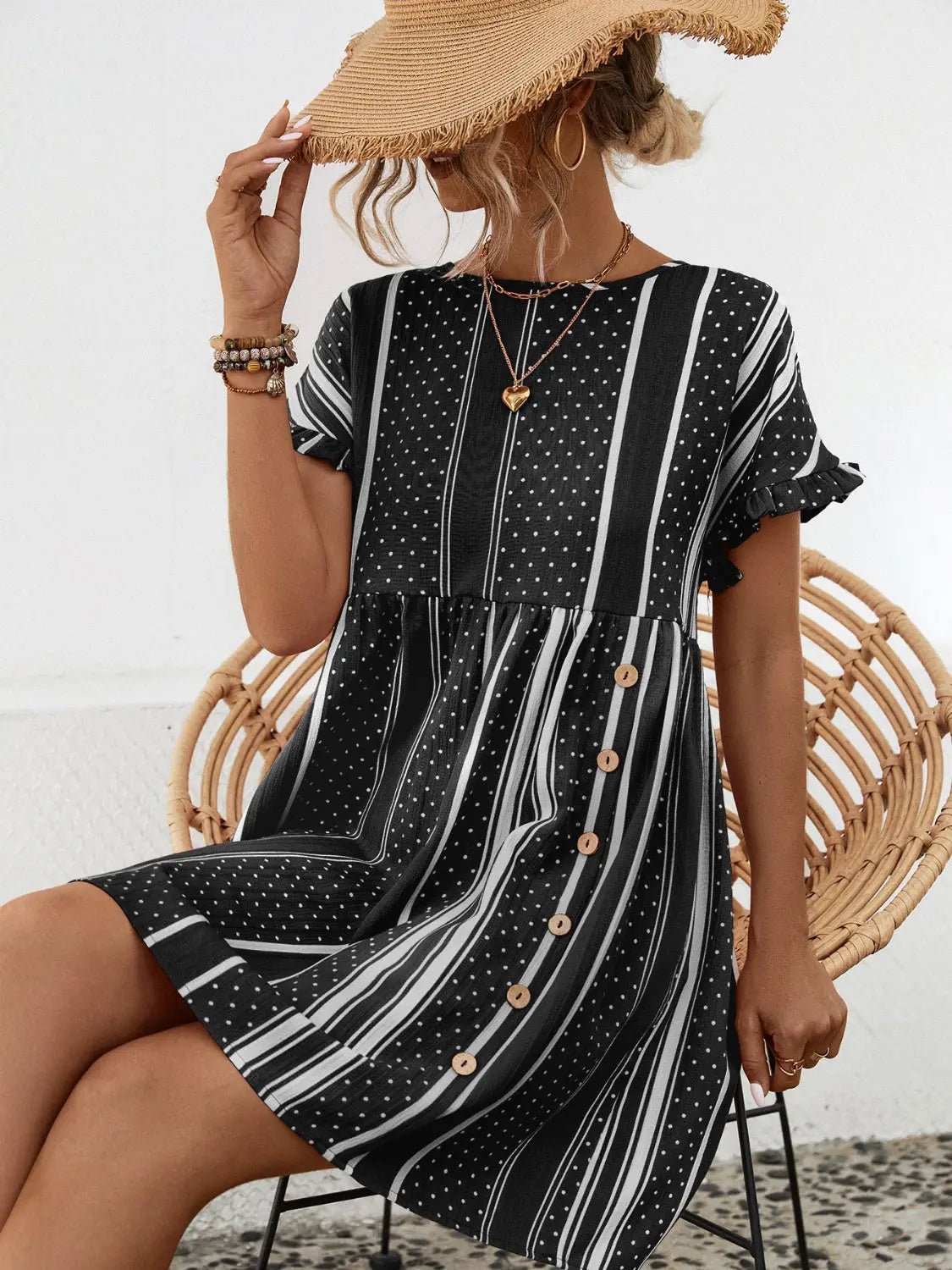 Striped Polka Dot Frill Short Sleeve Mini Dress - GlossiChic CollectionDresses