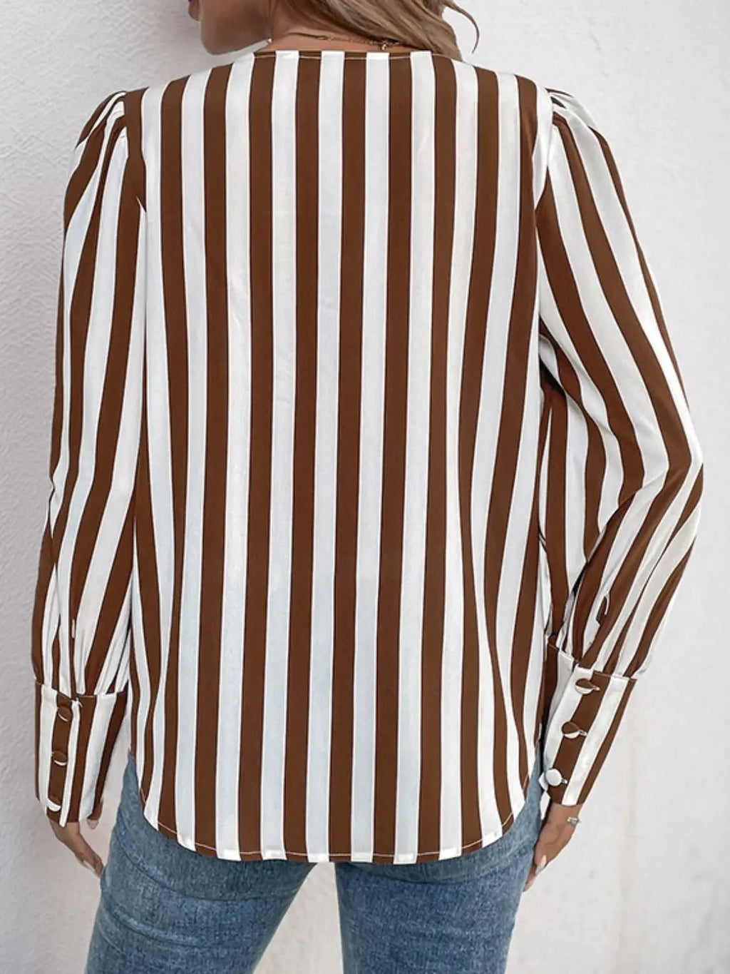 Striped Round Neck Long Sleeve Blouse - GlossiChic Collection Brown / S GlossiChic Collection Shirts & Tops