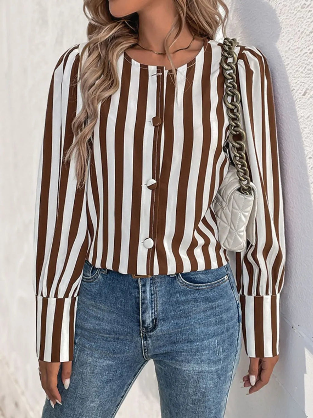 Striped Round Neck Long Sleeve Blouse - GlossiChic Collection Brown / S GlossiChic Collection Shirts & Tops