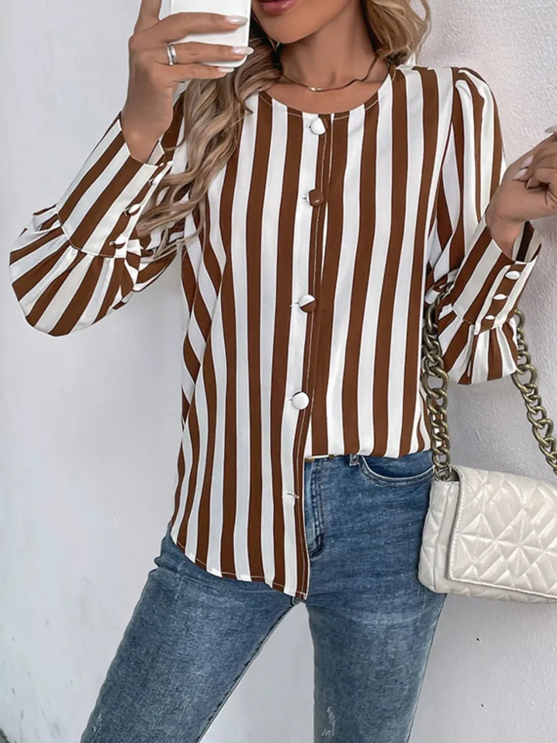 Striped Round Neck Long Sleeve Blouse - GlossiChic Collection Brown / S GlossiChic Collection Shirts & Tops