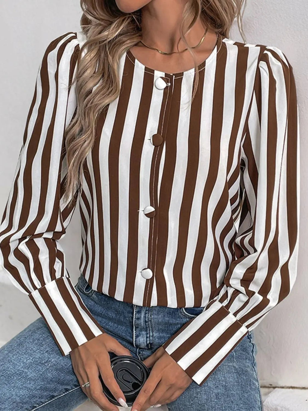 Striped Round Neck Long Sleeve Blouse - GlossiChic Collection Brown / S GlossiChic Collection Shirts & Tops