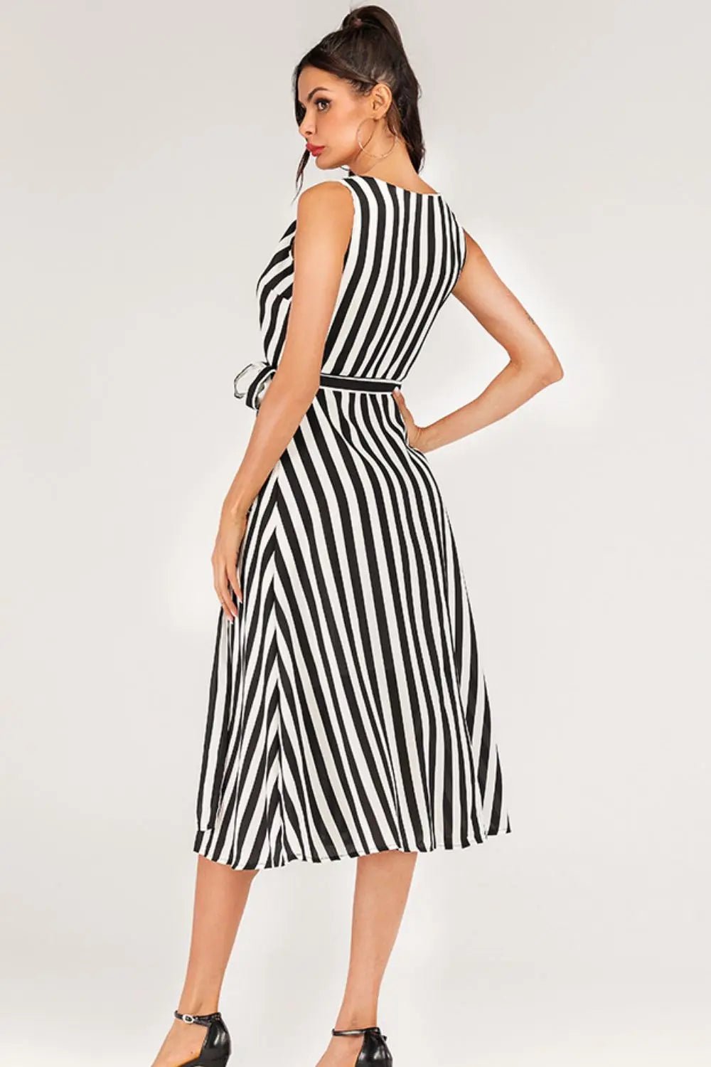 Striped Surplice Tied Sleeveless Dress - GlossiChic CollectionDresses