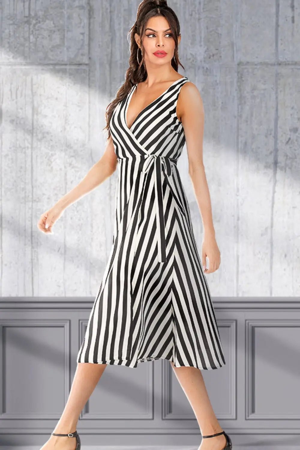 Striped Surplice Tied Sleeveless Dress - GlossiChic CollectionDresses