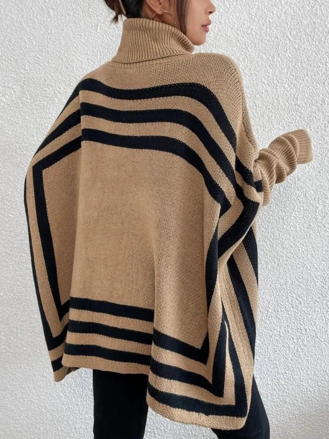 Striped Turtleneck Batwing Sleeve Sweater with Pockets - GlossiChic Collection Tan / S GlossiChic Collection Sweaters