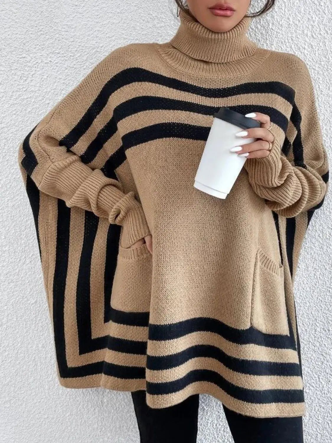 Striped Turtleneck Batwing Sleeve Sweater with Pockets - GlossiChic Collection Tan / S GlossiChic Collection Sweaters