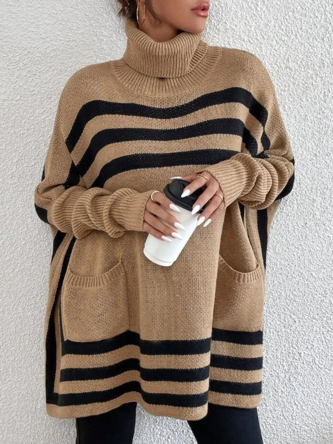 Striped Turtleneck Batwing Sleeve Sweater with Pockets - GlossiChic Collection Tan / S GlossiChic Collection Sweaters