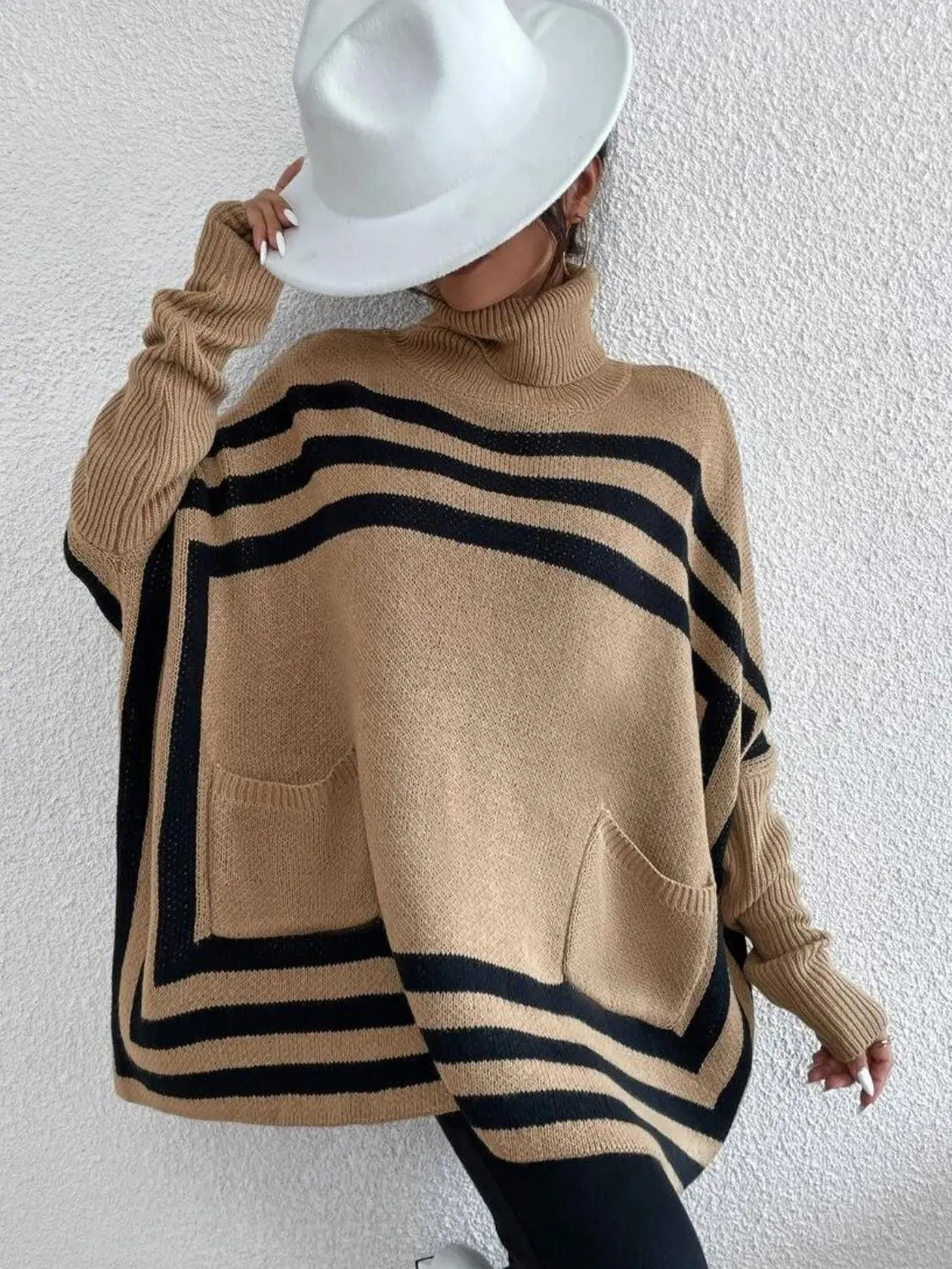 Striped Turtleneck Batwing Sleeve Sweater with Pockets - GlossiChic Collection Tan / S GlossiChic Collection Sweaters