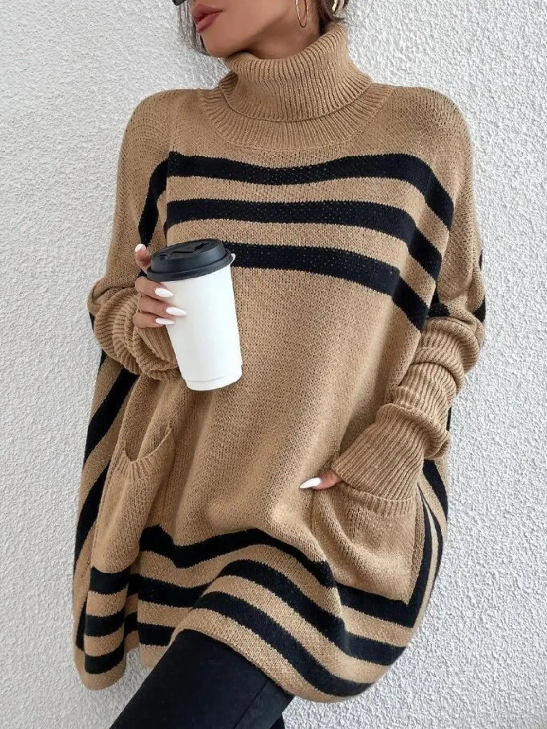 Striped Turtleneck Batwing Sleeve Sweater with Pockets - GlossiChic Collection Tan / S GlossiChic Collection Sweaters