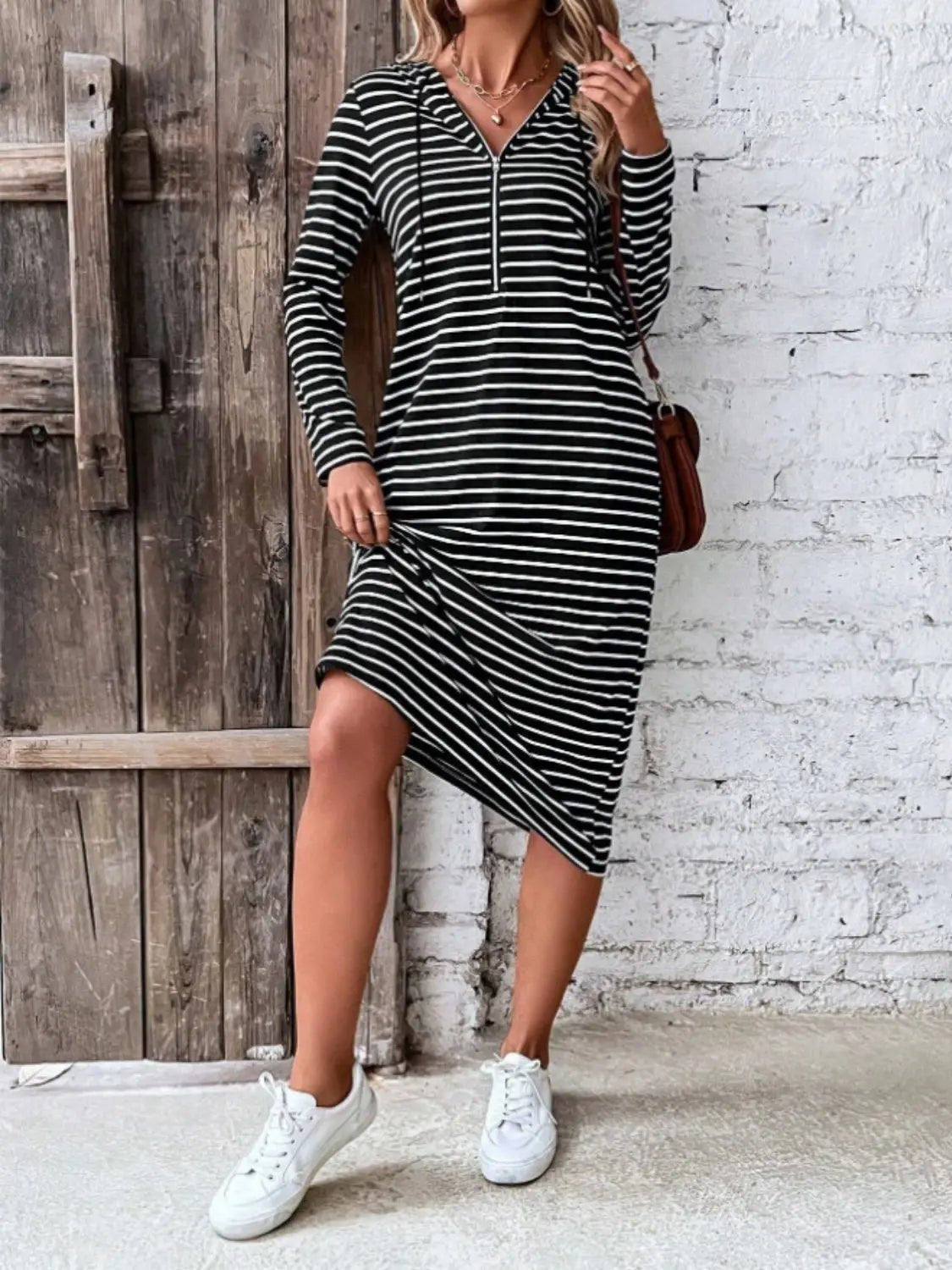 Striped Zip Front Hooded Dress - GlossiChic Collection Black / S GlossiChic Collection Dresses