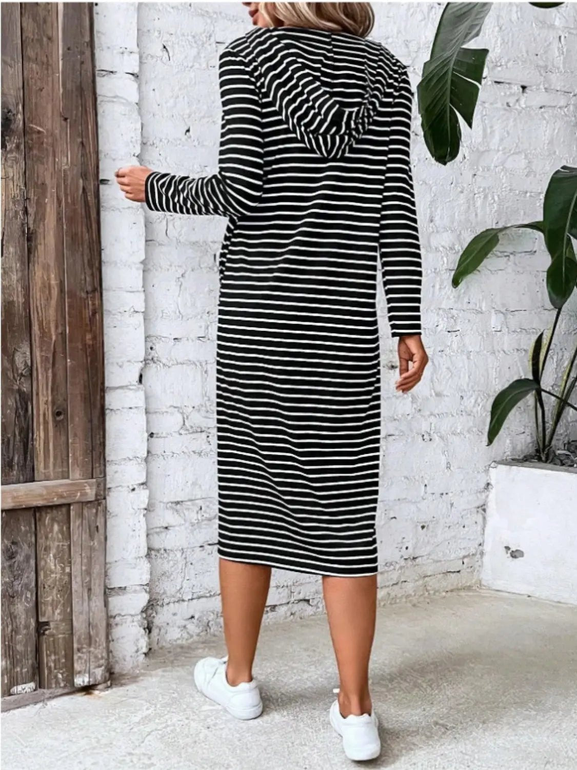 Striped Zip Front Hooded Dress - GlossiChic Collection Black / S GlossiChic Collection Dresses