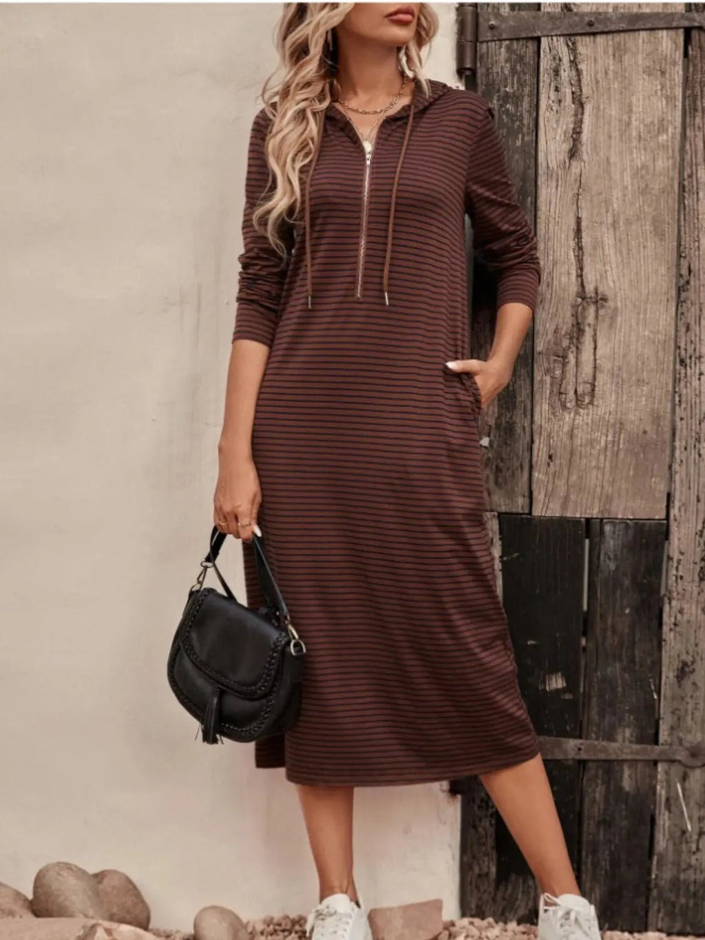 Striped Zip Front Hooded Dress - GlossiChic Collection Black / S GlossiChic Collection Dresses